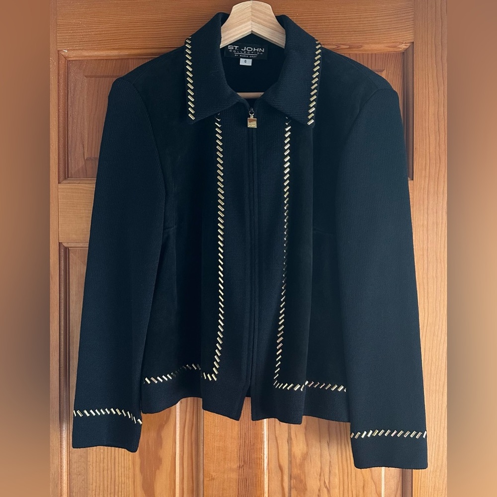 St. John Collection by Marie Gray Black Santana Knit & Suede Jacket with Zipper